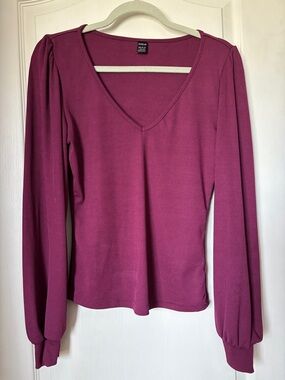 SHEIN Ribbed V-Neck Long Sleeve Top in Berry Plum